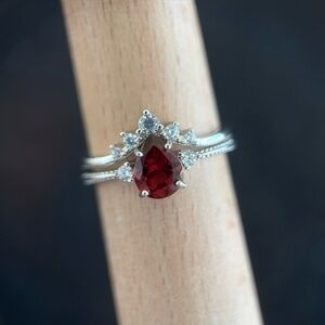 Raspberry Garnet Pear Sterling Silver Ring with Contour band Size 8